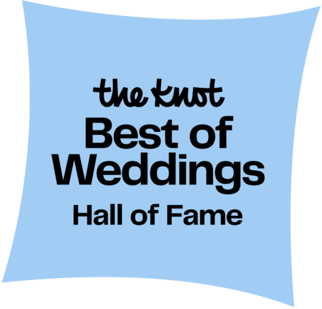 A blue banner with the text "The Knot Best of Weddings Hall of Fame.