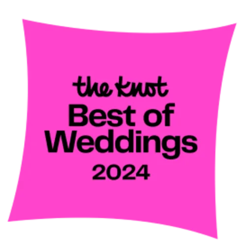 A bright pink square with the text "the knot Best of Weddings 2024" in bold black letters.